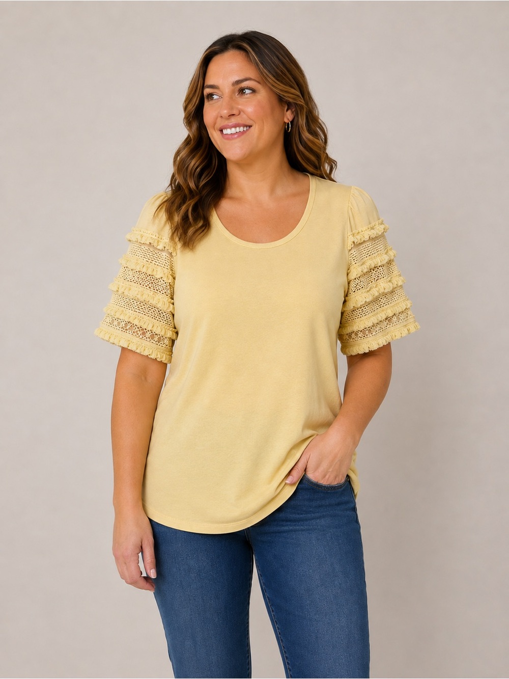 Chico’s Yellow Fringe Sleeve Top Size 1 (M)